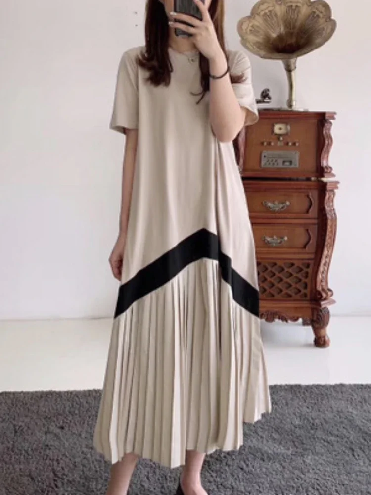 Women's Long Dress Spring Summer Fashion Short Sleeves Over Knee Elegant Loose Covering Flesh Slimming Dress Women's Clothing