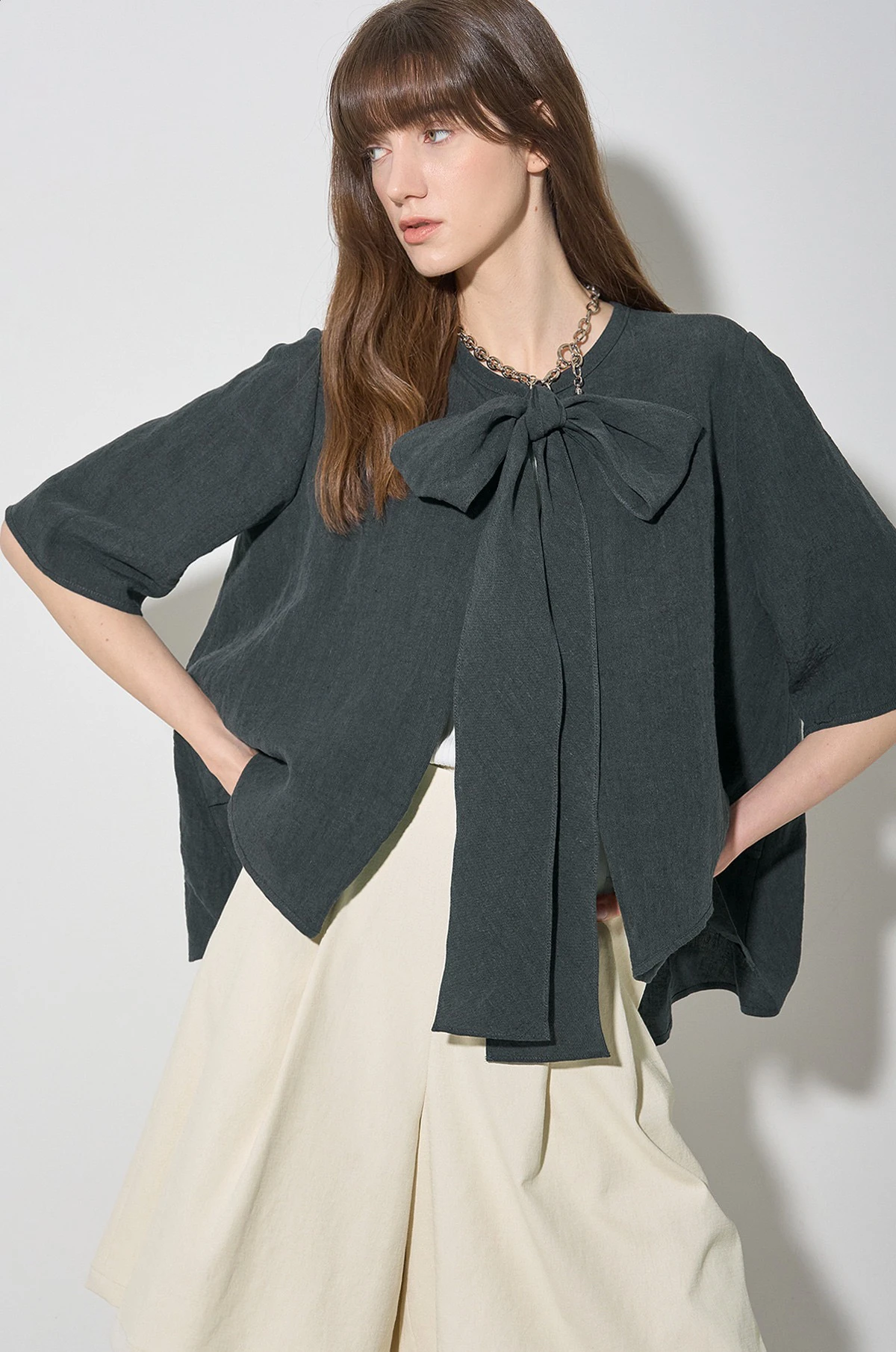 

Faionable Comfortable Commute Cotton Linen ort Sve irt Knot Decoration Loose Fit round Ne Regular Length