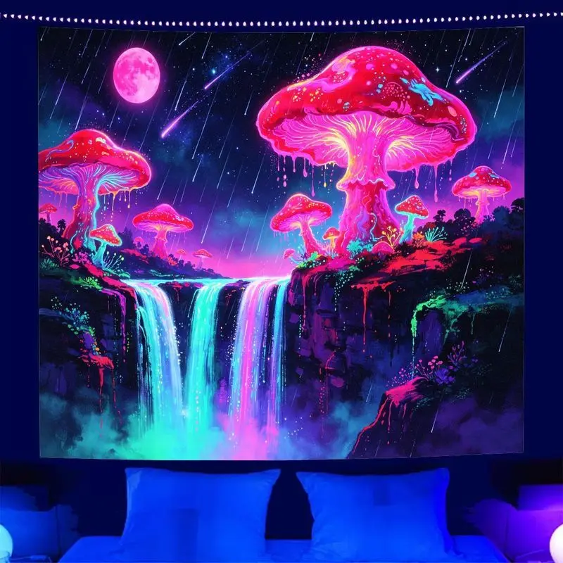 VIKAMA Psychedelic Neon Tapestry Mushroom Waterfall Starry Sky Background Wall Cloth e-Sports Room Decoration Room Decoration