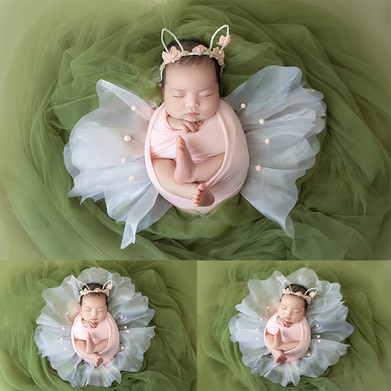 Newborn Photography Props Pink Butterfly Yarn + Pearl Combination Prop Baby Girl Photo Mesh Background Decorative Accessories