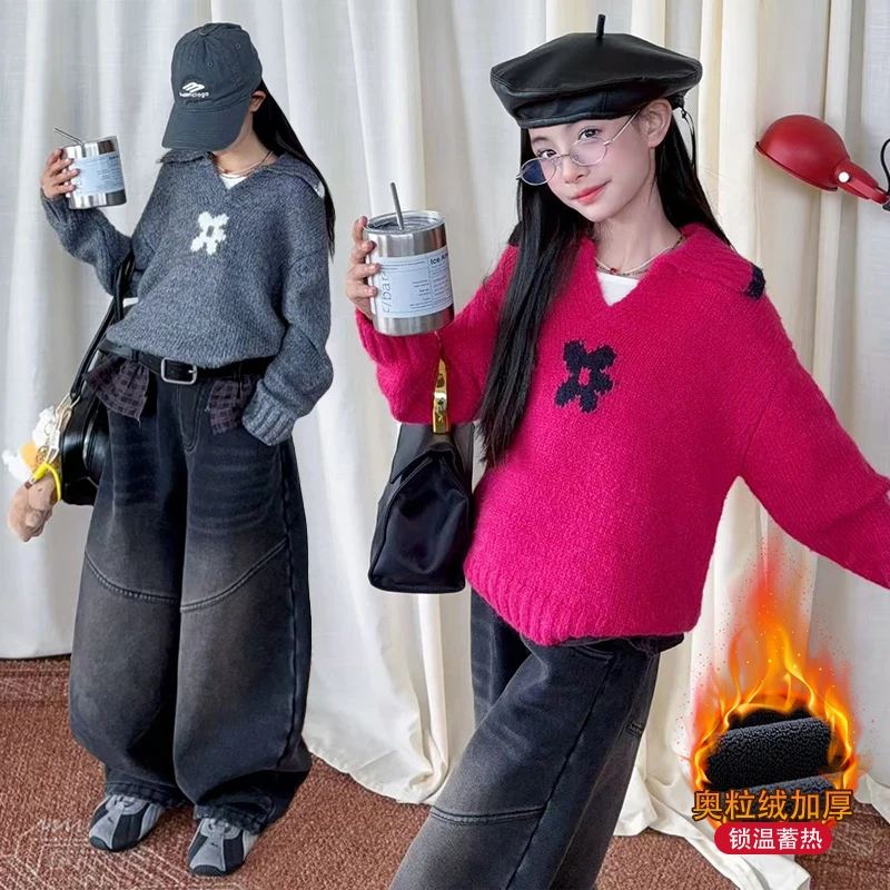 

Christmas Red Orange Gray Sweater for Girls 2025 New Spring and Autumn Thickened Retro Loose Korean Knitted Sweater Age 4-14Year