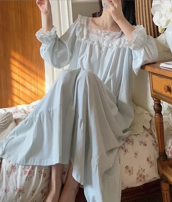 Women Pure Cotton Ruffles Vintage Nightgowns Robe Long Dress Fairy Victorian Romantic Princess Sleepwear Nightdress Homewear