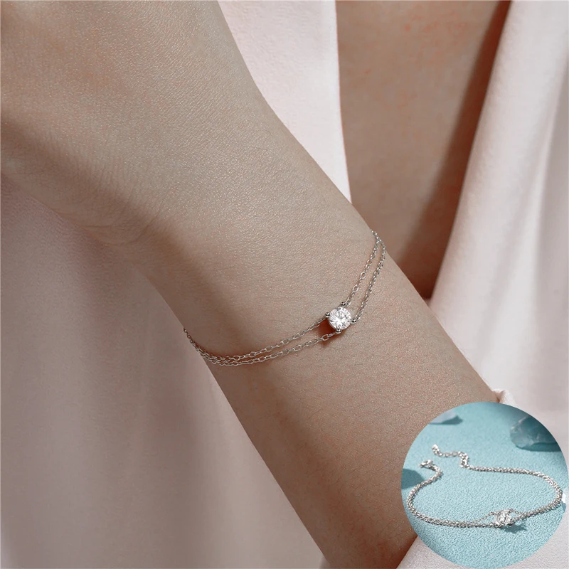 

100% 925 Sterling Silver Zircon Geometric Bracelet for Women Girl Double Layer Fine Chain Design Jewelry Party Gift Dropshipping