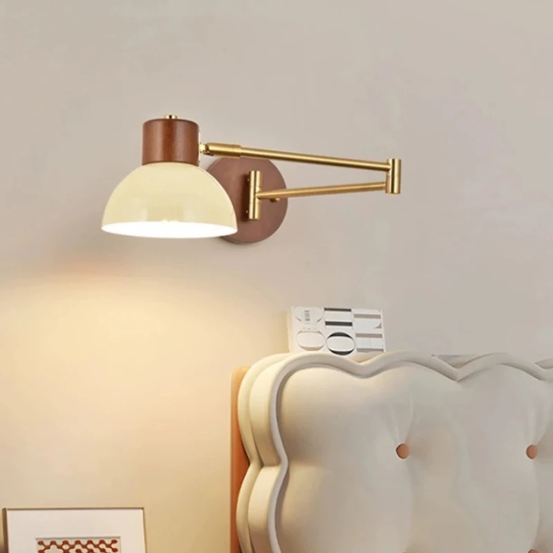 Reversible Angle Retro Walnut Color Solid Wood Wall Light Bedroom Dining Room Universal Swing Wall Light E27 Reading Work Light