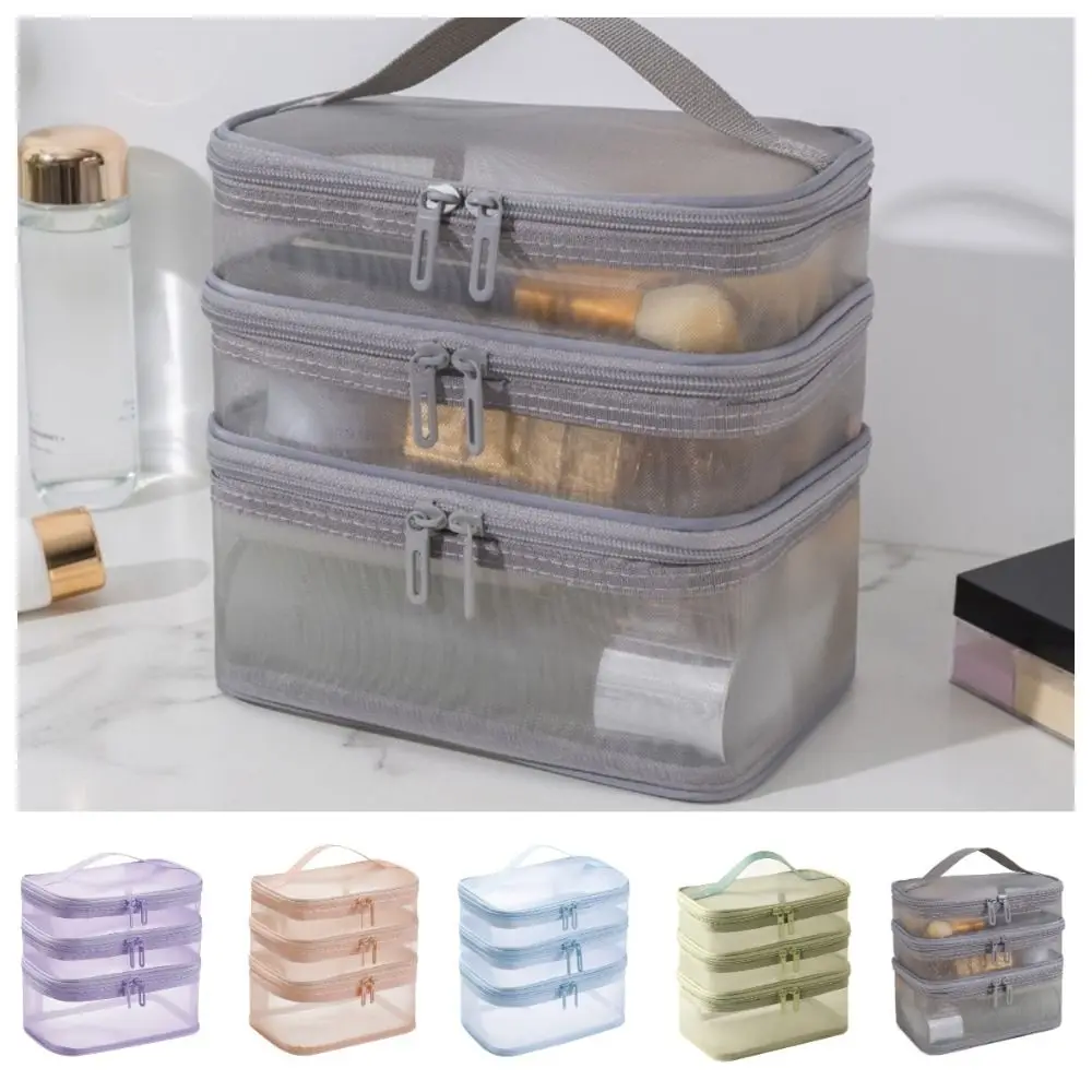 

1/2/3 Layers Mesh Cosmetic Bags Zipper Wash Pouch Cosmetic Storage Bag Multi-Functional with Handle Perspective Makeup Bag
