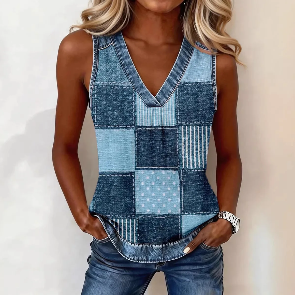 Camiseta V-neck Sleeveless Vest With Loose Fitting Patchwork Checkered Pattern Top For Women's Tshirt Summer 2026 Versatile Top