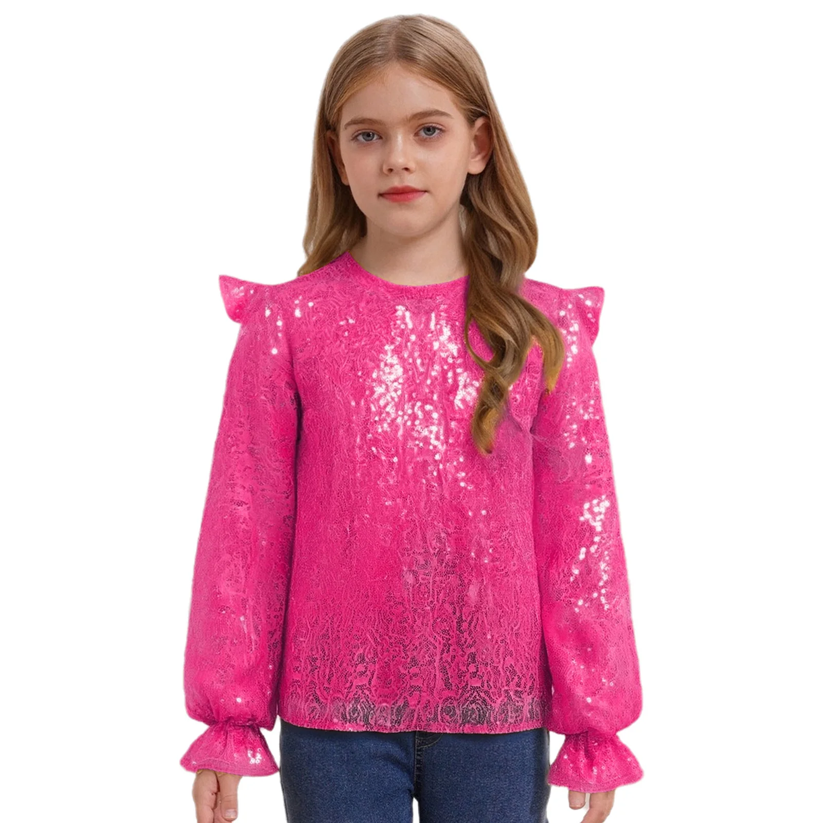 

Kids Girls Shirt Sparkling Sequins Ruffled Long Sleeves Blouse Pullover Top for Birthday Party Jazz Dance Stage Performance