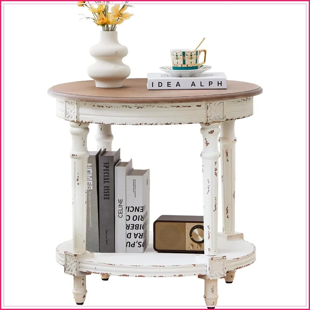 23.6 Inch French Country Two Tier Round End Table with Storage Shelf for Living Room Bedroom