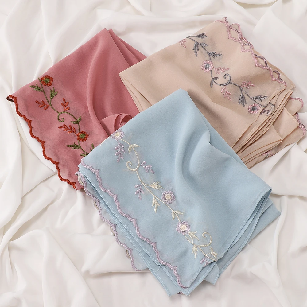 New Floral Embroidery Chiffon Hijab Wave Scalloped Edge Scarf Muslim Women Headscarf Soft Shawl Islamic Ladies Shawl
