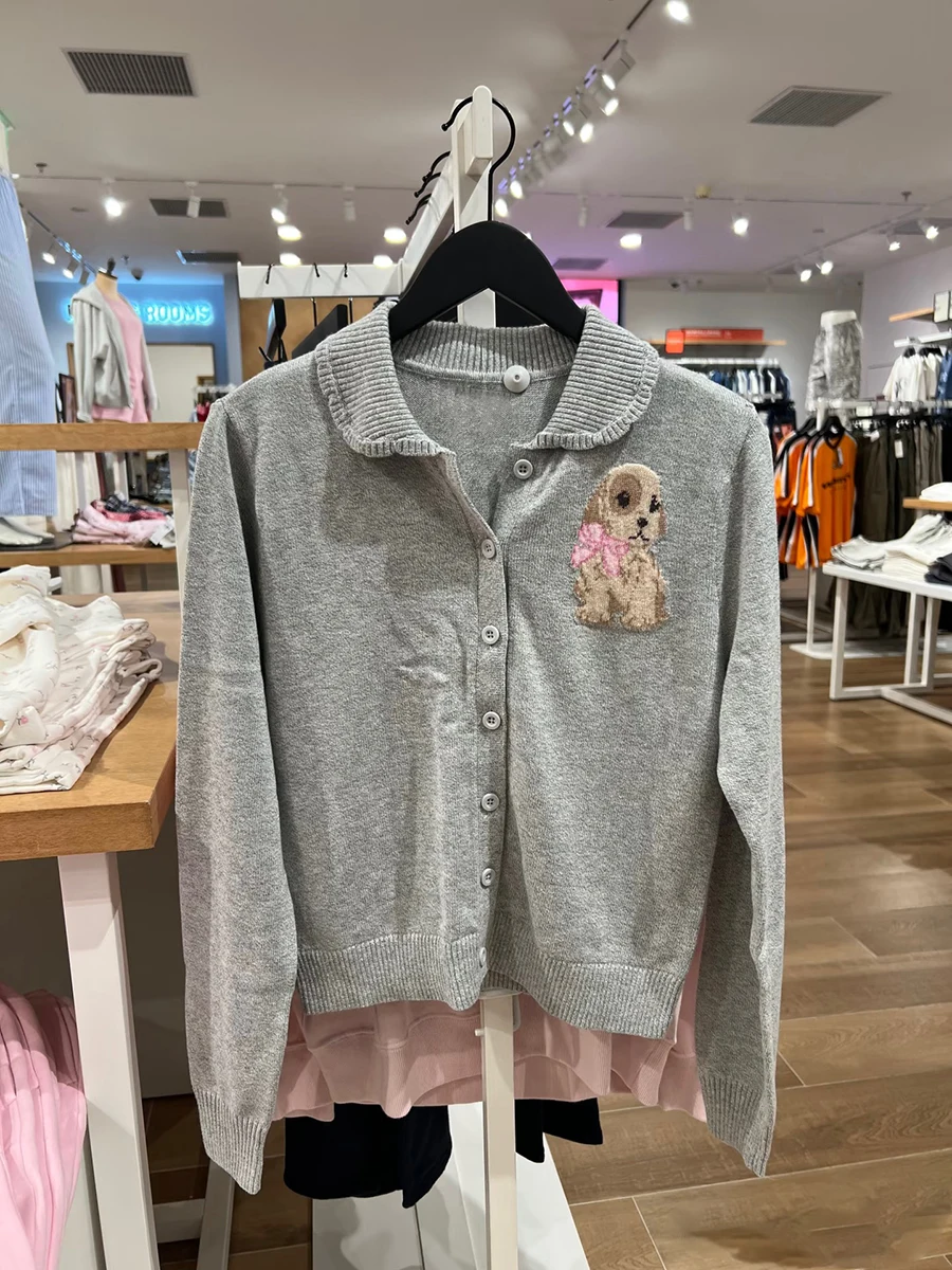 

Cute Dog Embroidery Sweater Cardigan Women Turndown Collar Single Breasted Long Sleeve Sweet Casual Gray Short Knitwear Y2k New