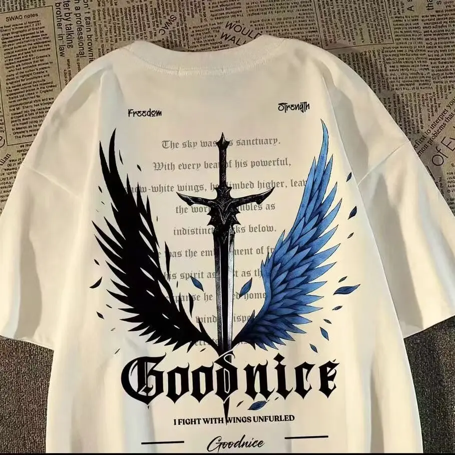 100% Cotton High-Street Hiphop Streetwear Cool & Edgy Dark-Style Wing Design Short-Sleeve T-Shirt for