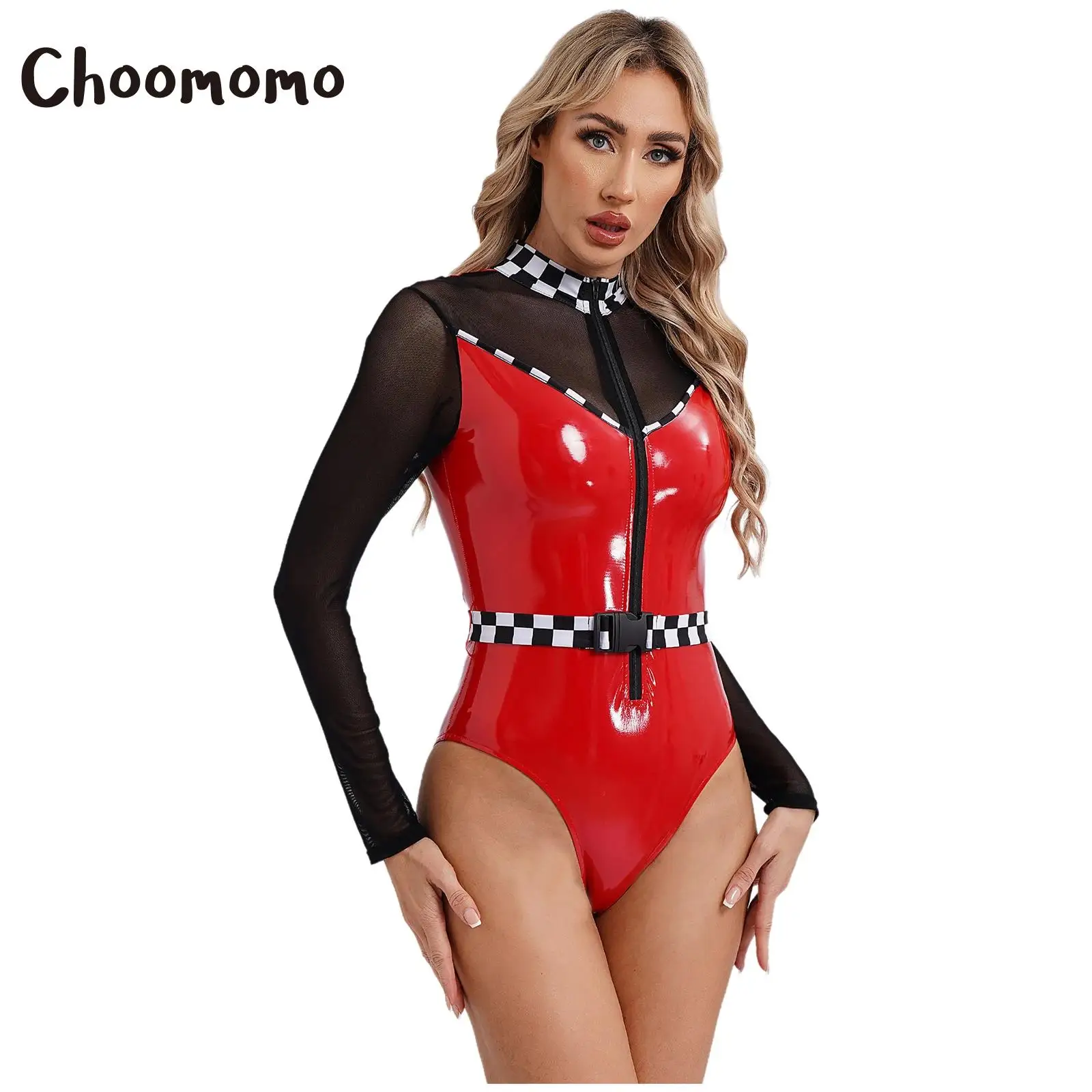 Womens Speed Race Car Driver Costume Halloween Jumper Racer PVC Leather Leotard Bodysuit Jumpsuit Themed Party Fancy Dress Up