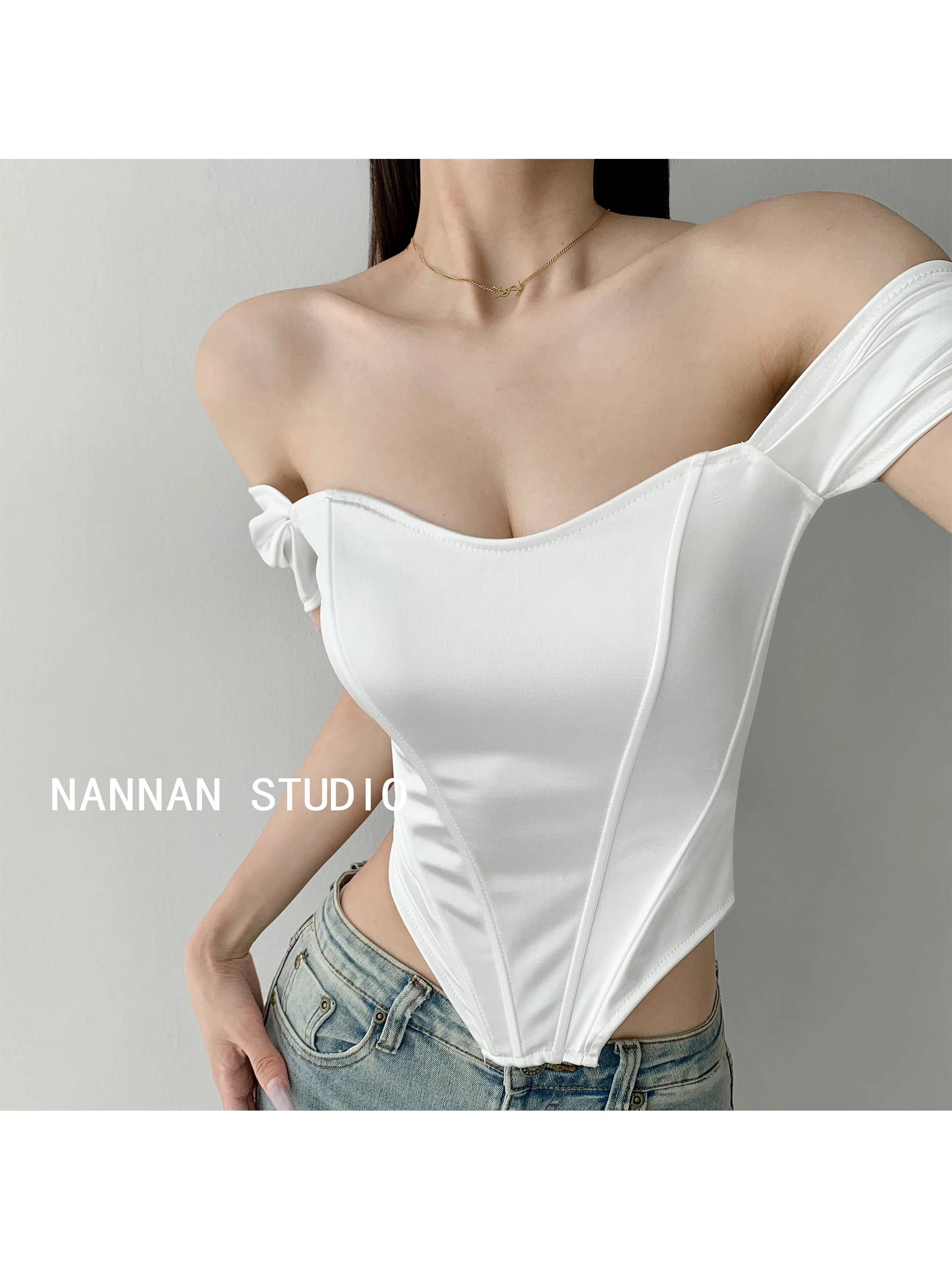 Sexy Strapless Short Sleeve Square Collar T-Shirt Women's Slim Fit Bustier Top Backless Purple Foam Pure Color Commute Style