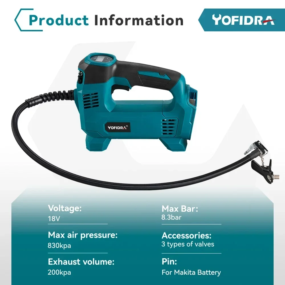 Yofidra High Pressure Cordless Electric Inflatable Pump With Digital Display Car Air Pneumatic Tool For Makita 18V Battery