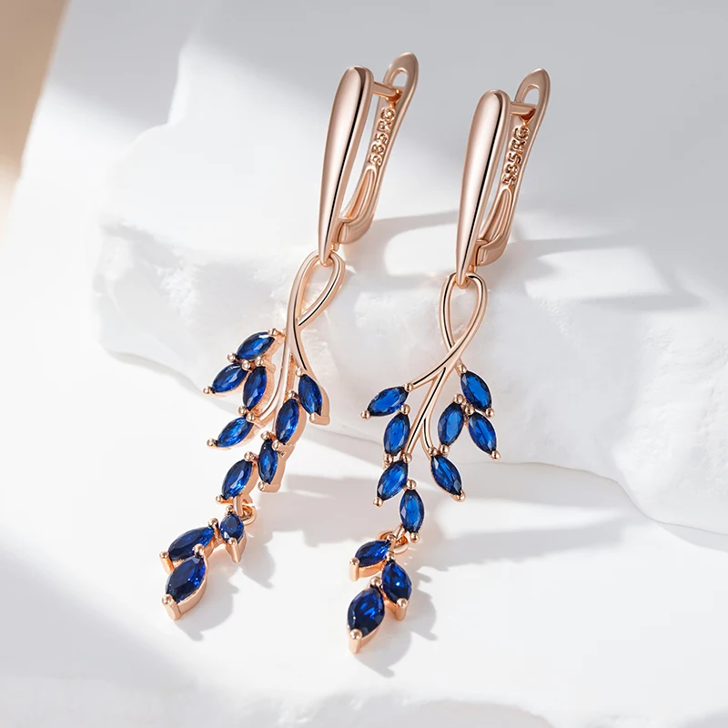 Kinel Full Blue Natural Zircon Leaf Shape Long Dangle Earrings For Women Fashion 585 Rose Gold Color High Quality Daily Jewelry