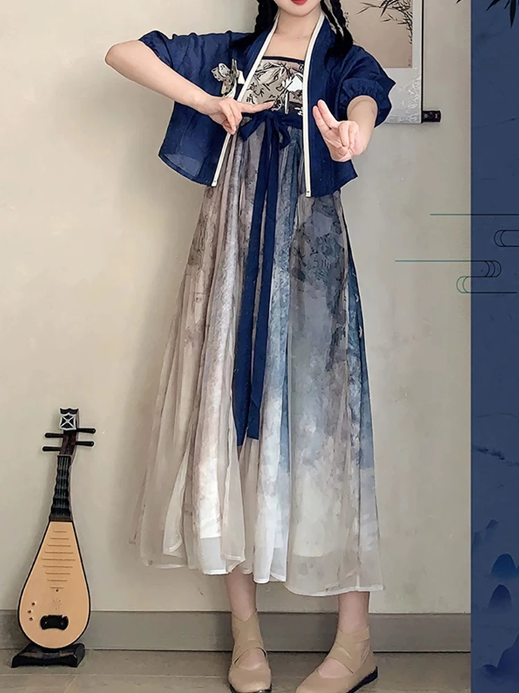 

Cute Embroidered Print Hanfu Style Women's Midi Skirt Spring Summer Casual High Waist Asymmetrical Hemline Fashionable Commute
