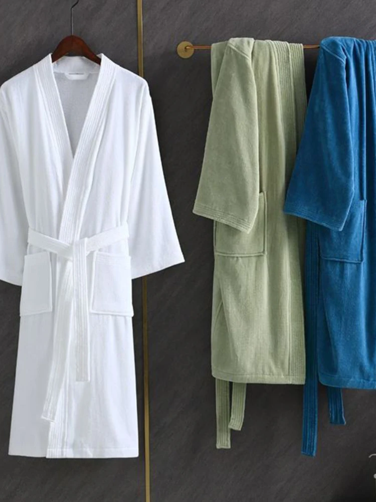 Women Towel Bathrobe 100%Cotton Long Thick Absorbent Terry Bath Robe Kimono Men LightWeight Waffle Solid Dressing Gown Sleepwear