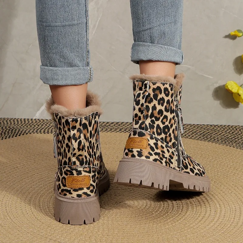 Shoes for Women 2023 Zip Women\'s Boots Fashion Leopard Print Daily Boots Women Hot Sale Round Toe Platform Keep Warm Mid-Calf