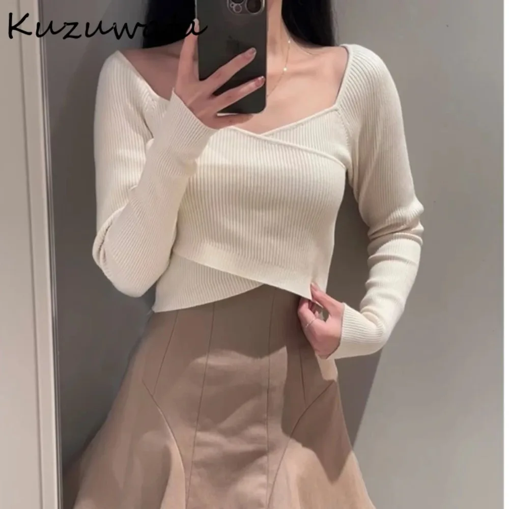 Kuzuwata Cross V Neck Long Sleeve Jumpers Fashion Solid All-match Cropped Knitted Top Japan Sweet Pullover Bottomed Sweaters