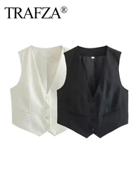 TRAFZA Women Fashion Short Waistcoat Vintage V Neck Single Breasted Vest Tops Spring Female Casual Streetwear Chic Tops