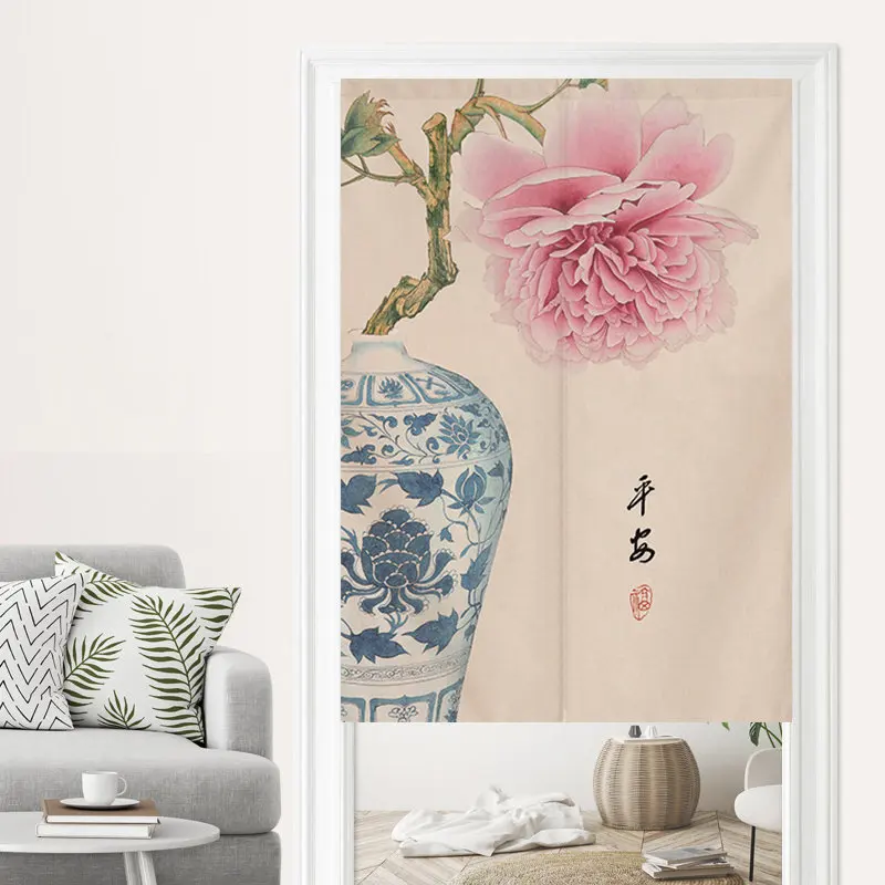 VIKAMA New Chinese Ink Lotus Koi Fish Noren Door Curtain Rod Pocket Living Tea Room Oriental Fabric Partition Hanging Curtain
