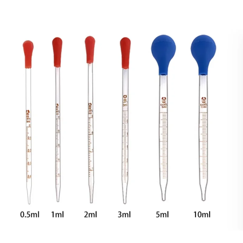 ماصة متدرجة 0.5/1/2/3/5/10 مللي مقياس زجاجي خط قطارة ماصة مختبر قطارة إسقاط ماصة ماصة رأس مطاطي أزرق