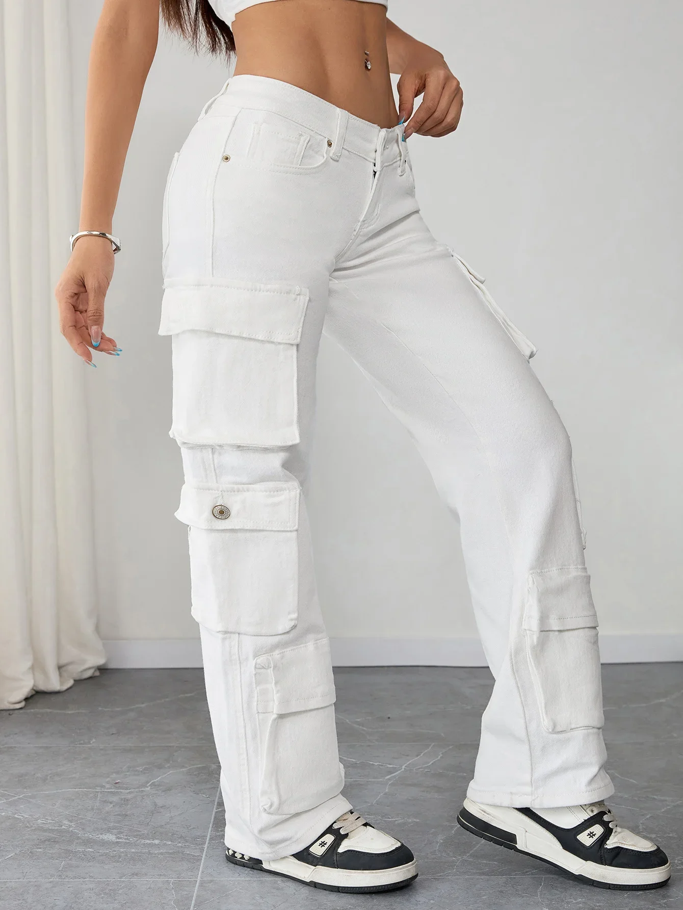 ارتفاع الخصر المرأة البضائع الجينز فضفاض الدنيم السراويل أزياء الشارع الشهير ملابس نسائية غير رسمية #4