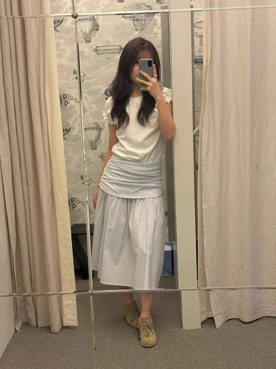 

Summer 2026 Women's Smoothood Short Sleeve Skirt Set Two-Piece Fashionable Cotton Collar Midi Skirt Ensemble