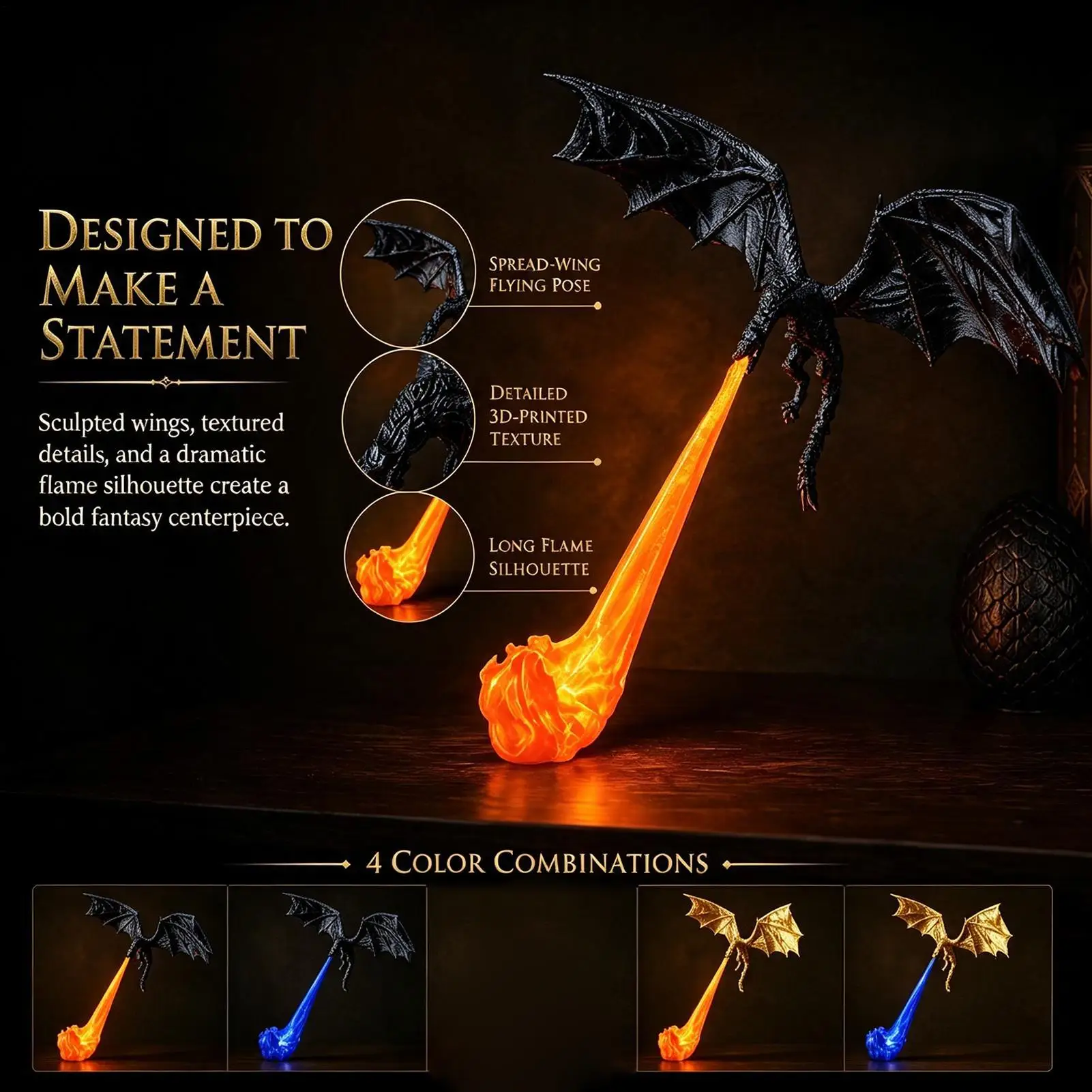3D Printed Flying Dragon Library Lantern Decor Dragon Bookshelf Nook Light 3D Printed Fire-Breathing Dragon Bookshelf Lamp