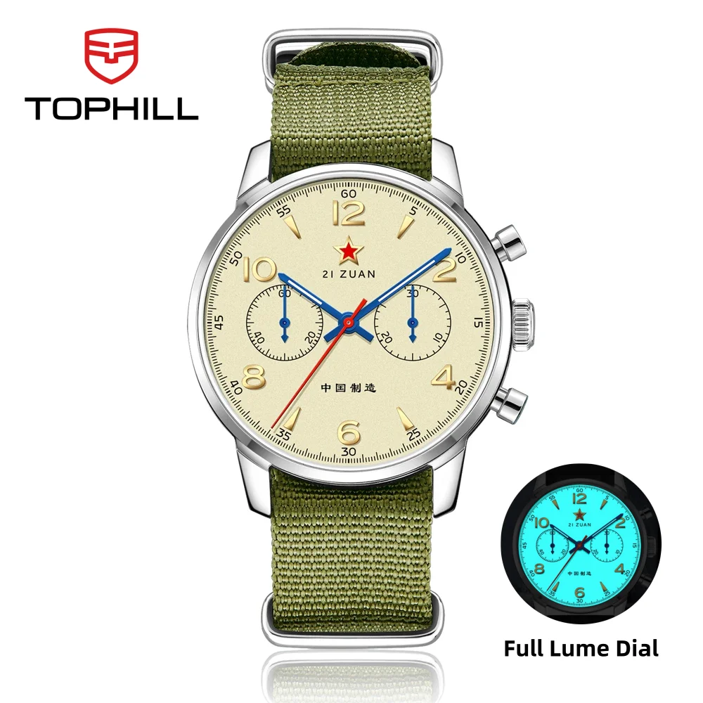 TOPHILL 40mm Seagull ST1901 1963 Chronograph Herren Mechanische Uhren Pilot Handaufzug Durchsichtiger Gehäuseboden Saphir 5Bar TL025G