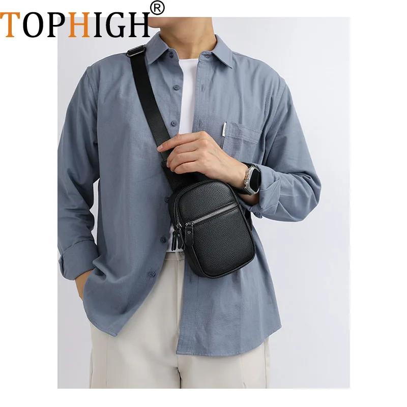 TOPHIGH Unisex Luxury Genuine Leather Men's Chest Pack Shoulder Bags Single-Shoulder Chest Bag Leisure Travel Crossbody Bags
