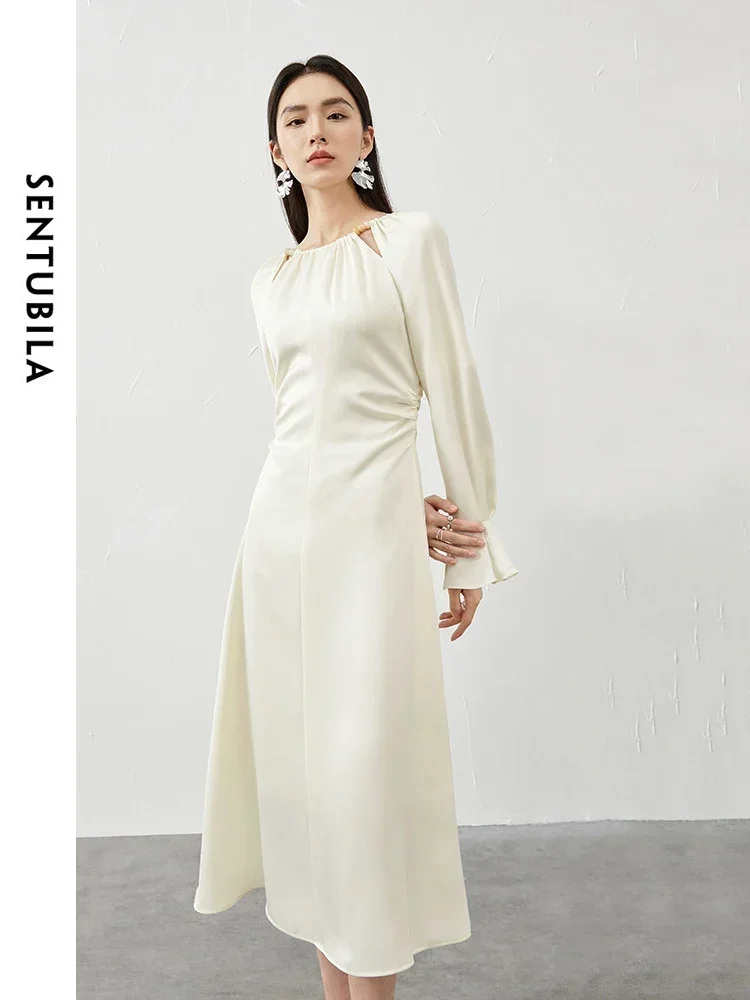 SENTUBILA Abito lungo in raso da donna elegante 2025 Abito longuette a vita increspata con cut-out moda primaverile Lady Evening Party 141L53140