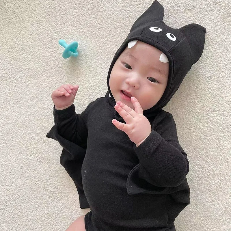 2024 New Baby Halloween Clothes Set Boys Girls Cute Bat Sleeve Bodysuit + Hat Toddler Fashion Kids Halloween Party Clothing