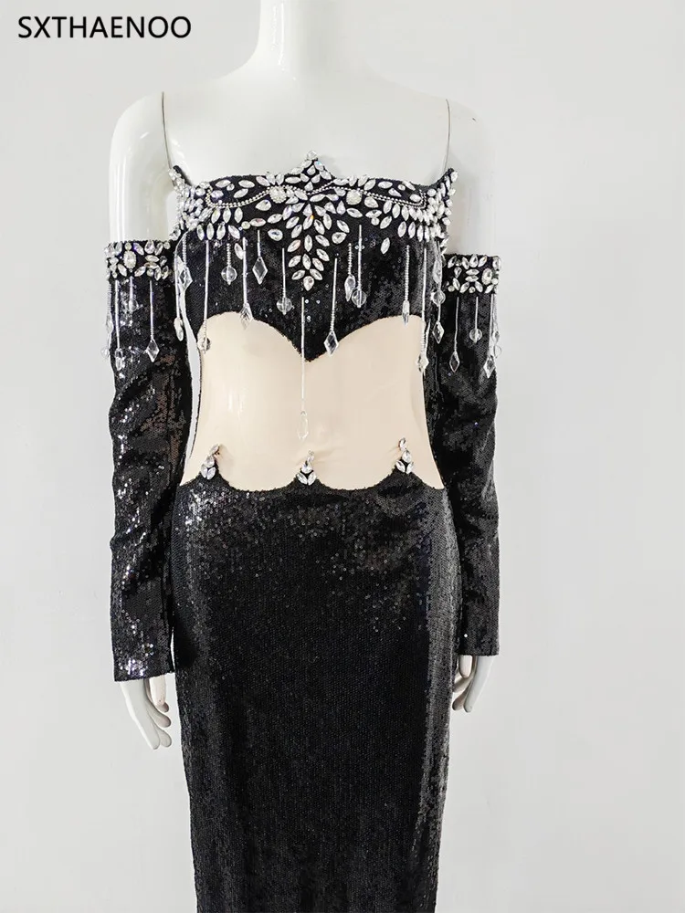 SXTHAENOO 2025 lentejuelas Patchwork fuera del hombro Maxi Vestido Sexy de manga larga recortado ceñido al cuerpo Vestido de celebridad vestidos de noche Vestido