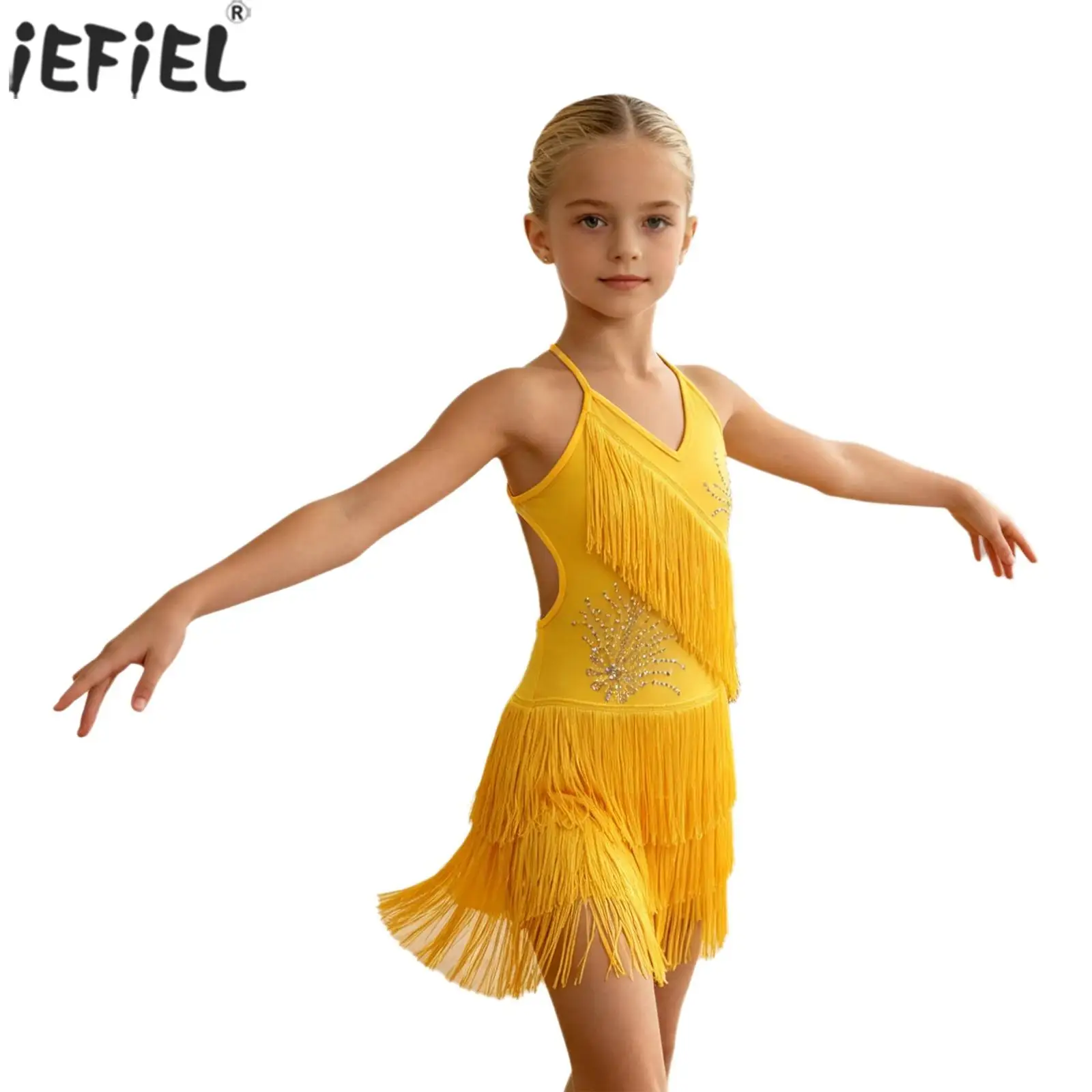 Kids Girls Tassel Latin Dance Dress Sleeveless Spaghetti Straps Shiny Rhinestone Dresses Ballroom Tango Rumba Salsa Dancewear