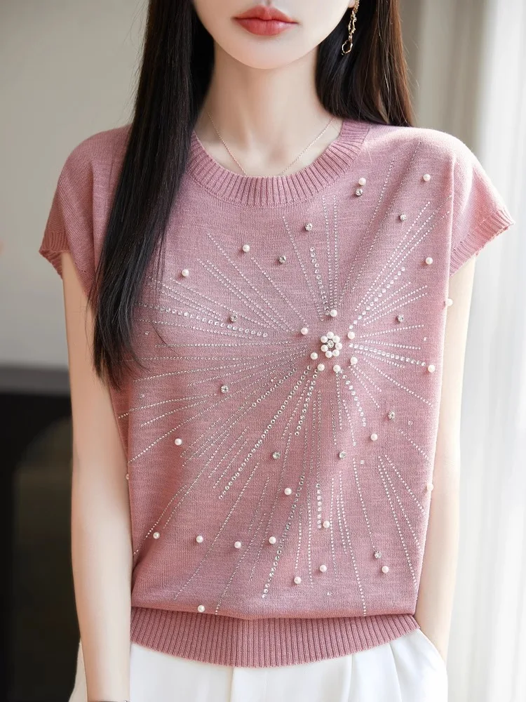 T-shirt ort Sve in maglia di bambù primavera estate da donna rotonda Ne impreziosita con diamanti sciolti base ort irt coreano Sle