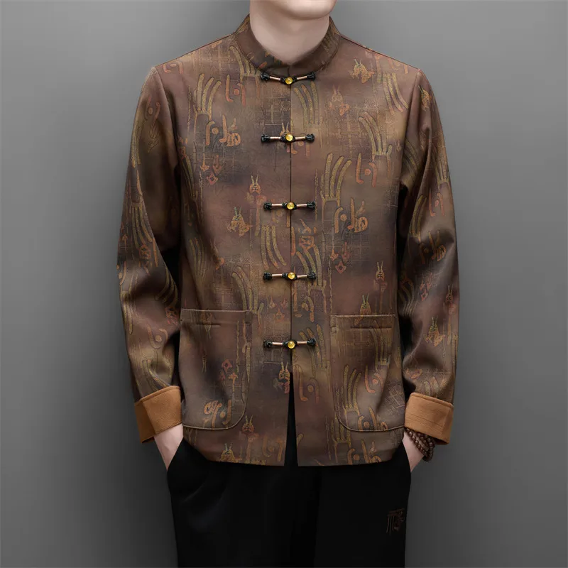 Classic Frog Button Tang Costume Shirts For Men Long Sleeve Warm Winter Fleece Quality Softness Pockets Jacket Camisas De Hombre