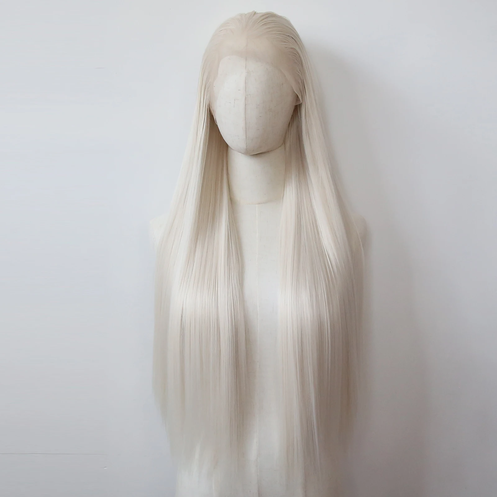 Platynowa blond syntetyczna koronka peruka Front długa prosta platynowa blond koronka z przodu peruka syntetyczna wstępnie oskubane naturalną linią włosów