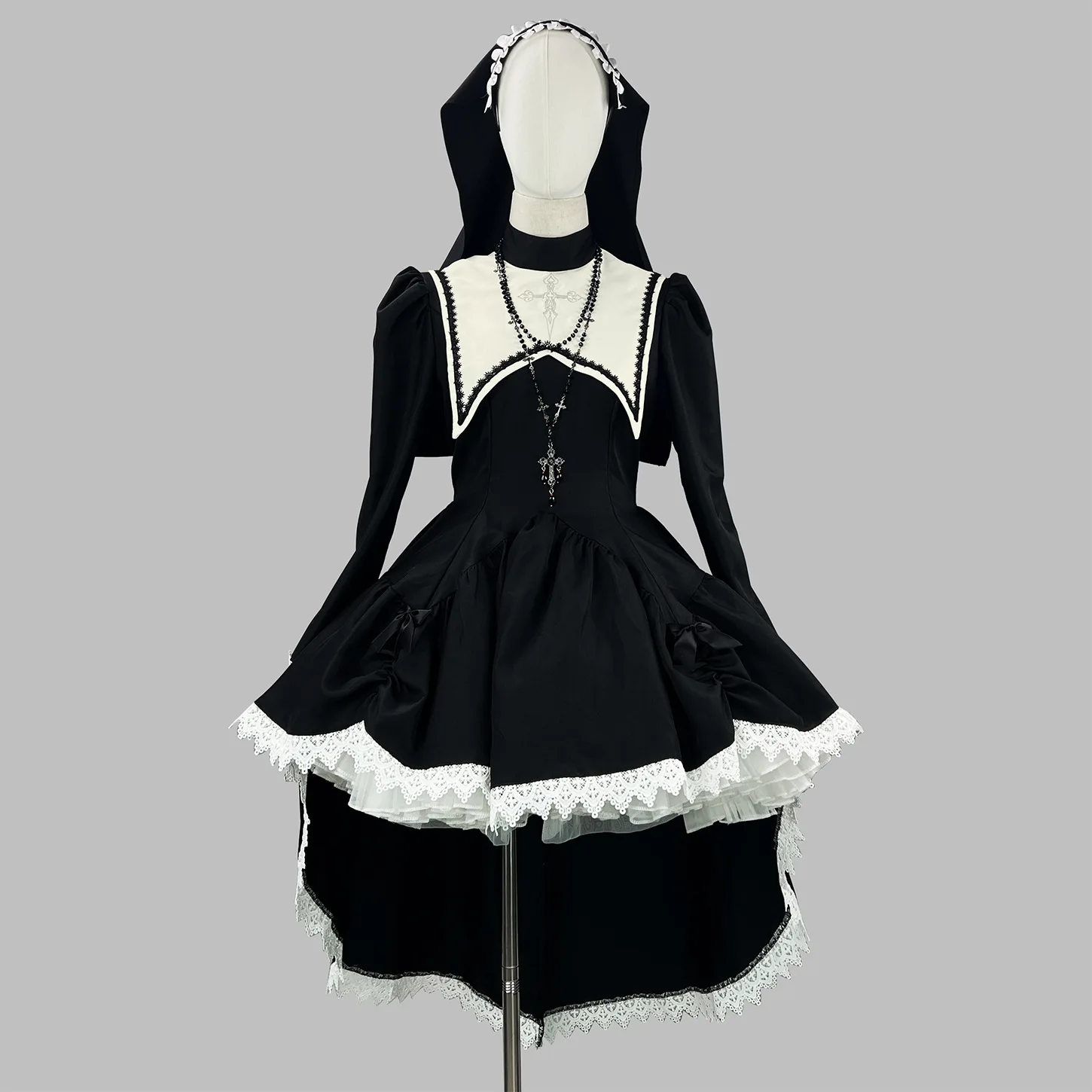 

Gothic Lolita Anime Cosplay Costume Halloween Dress with Headscarf Nun Festival Outfit Carnival Wear Day of The Dead Clothing