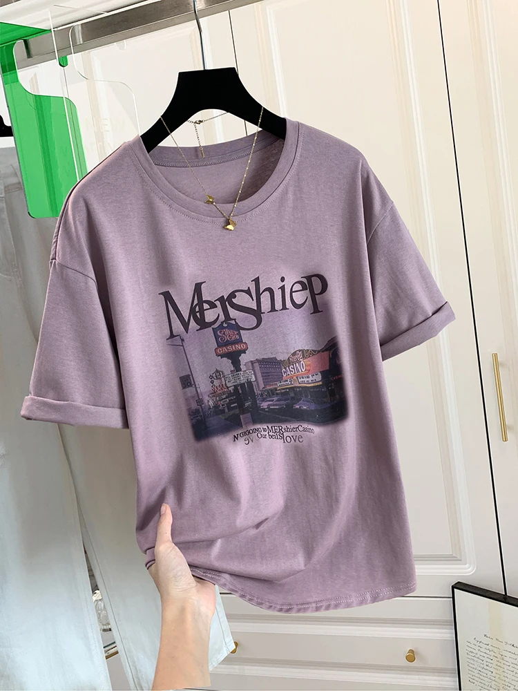 

Fashion Tops Purple Short-sleeved T-shirt Women's Summer Loose Ins Niche Lazy Style Women Graphic Tees Oversized T Shirt