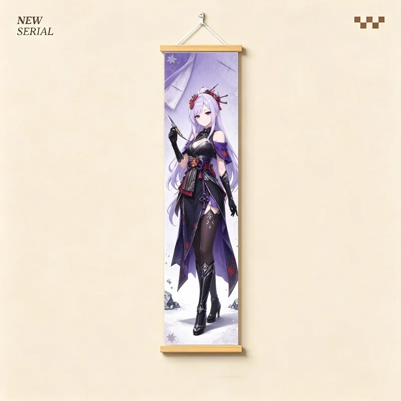 Hanging Scroll Wall Art of Genshin Impact Chiori in a Violet Fantasy Outfit on Silver Shimmer Canvas for an Anime Bedroom