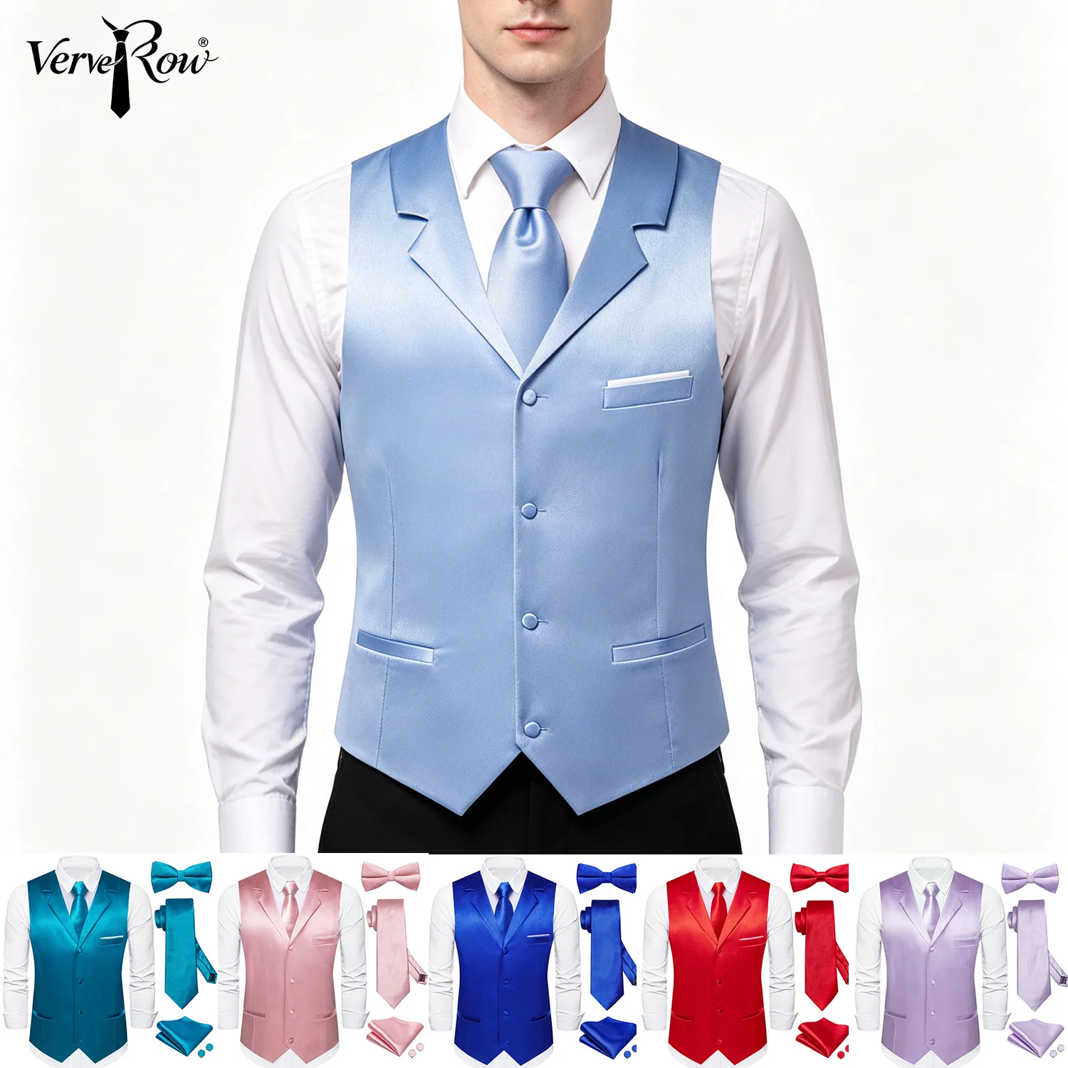 VerveRow Men Lapel Collar Satin Waistcoat 5‑Pcs Set Vest+Necktie+Bow Tie+Pocket Square+Cufflinks, Blue/Teal/Pink/Red/Navy