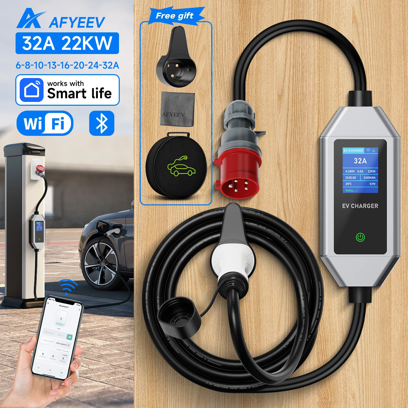 AFYEEV 22KW 32A 3Phase Type2 Portable EV Charger Wi-Fi APP Control GB/T EVSE Charging Box Charging Station For Electric Car