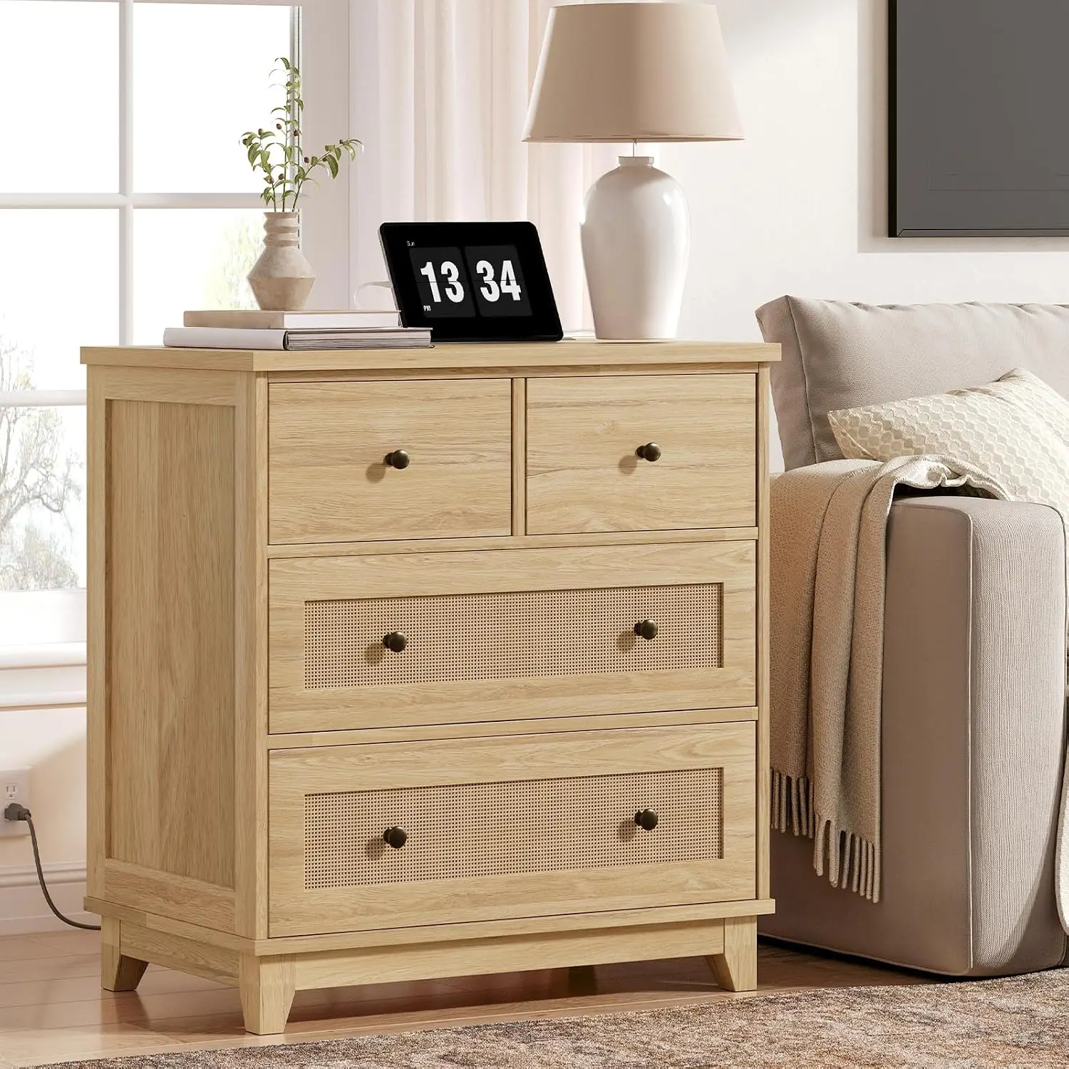 Rattan Nightstand Charging Station 4 Drawers Set of 2, 27.6