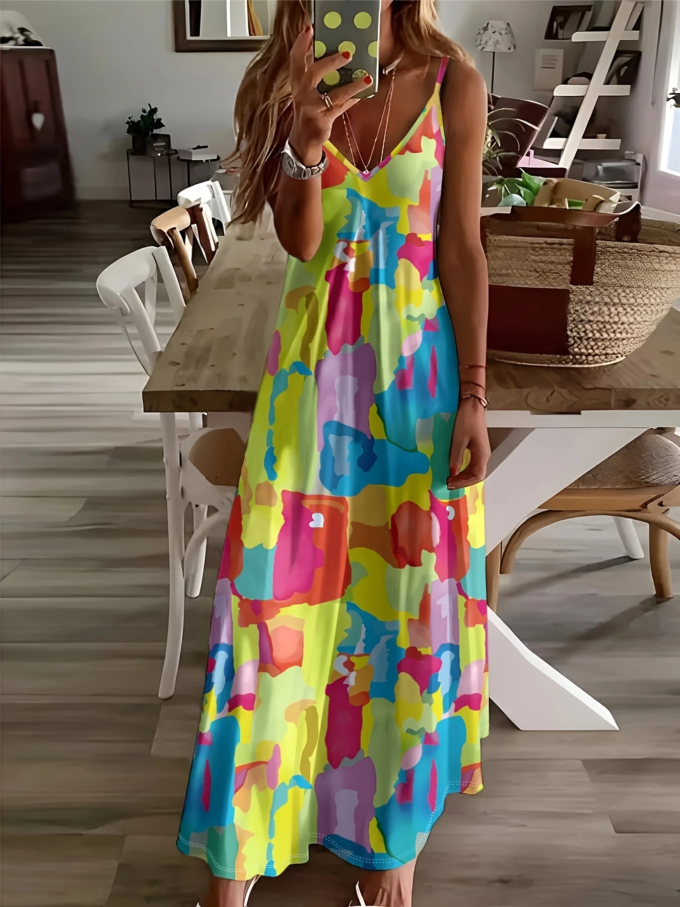 Printed Design casual style Colorful Abstract Shapes Pattern Print women's dress