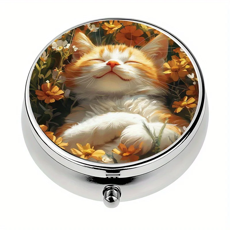 1 piece, portable travel pill box with 3 compartments, a small travel pill box in the shape of a cat lying in a sea of flowers or a wallet pill box, ideal for personal outdoor travel and office pill reminders, wallet pill box