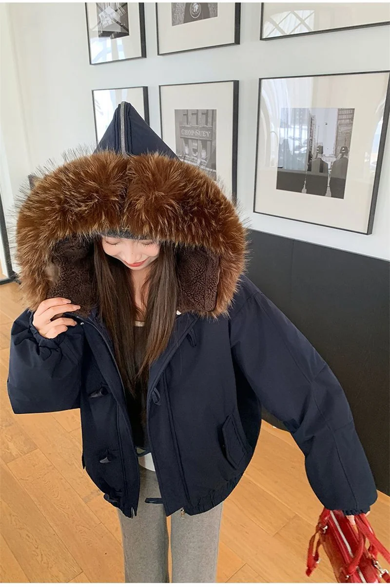 Warm Down jacket Ladies Pai Overcome Winter 2026 New Cotton Padded Coat Women Parkas Horn Hooded Outcoat Big fur collar Overcoat