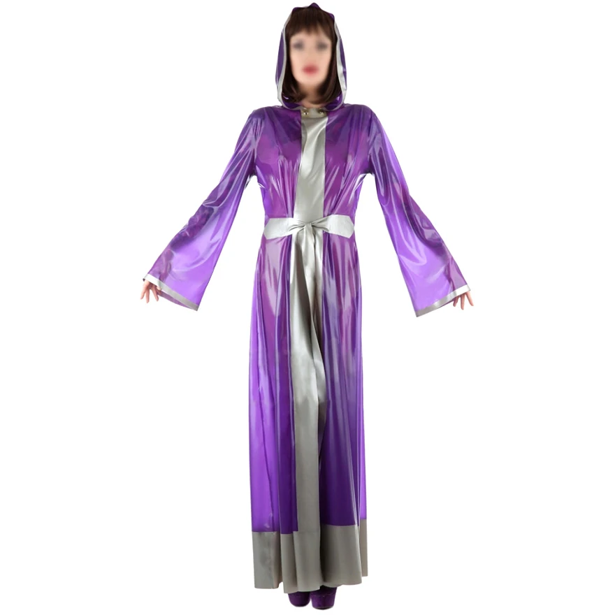 Transparent Purple And Silver Sexy Latex Nightgown With Hoodies Lacing At Front Cross Rubber Coats Jacket Dress YF-0350