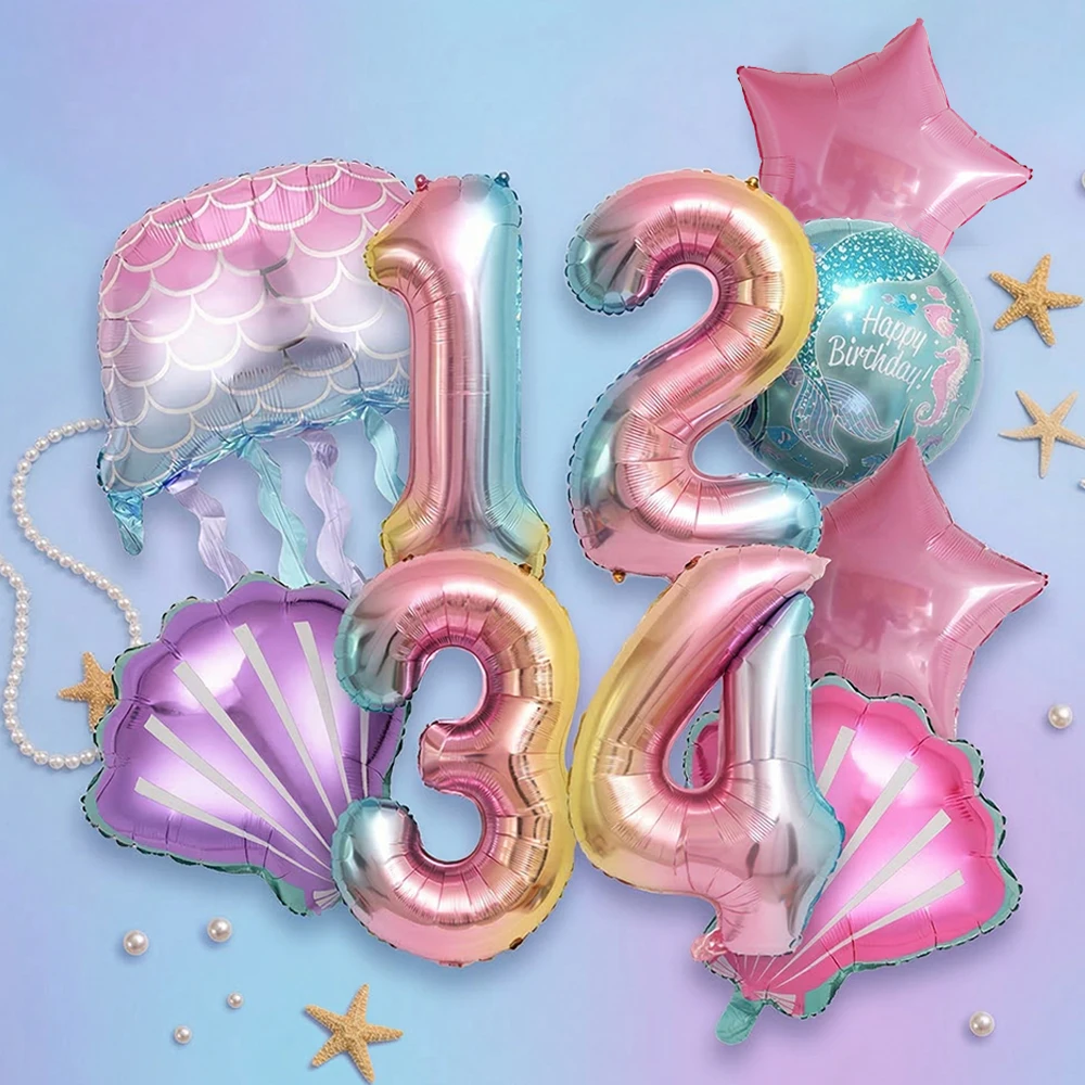 Set de 7 Globos de Número 0-9 en Degradado, Globos de Concha Marina, Decoración de Cumpleaños de Sirena, Artículos para Baby Shower con Temática Submarina