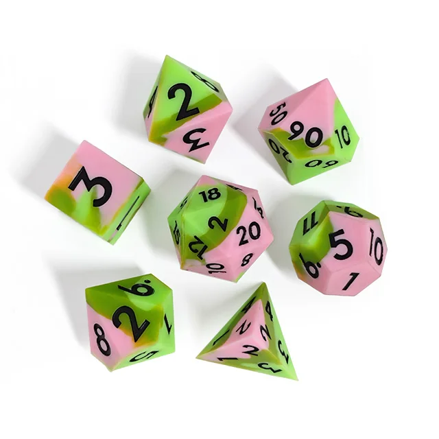Soft Silicone Polyhedral Dice Set with Rectangle Tin Box, Pink & Green Dice for DND RPG Tabletop Games